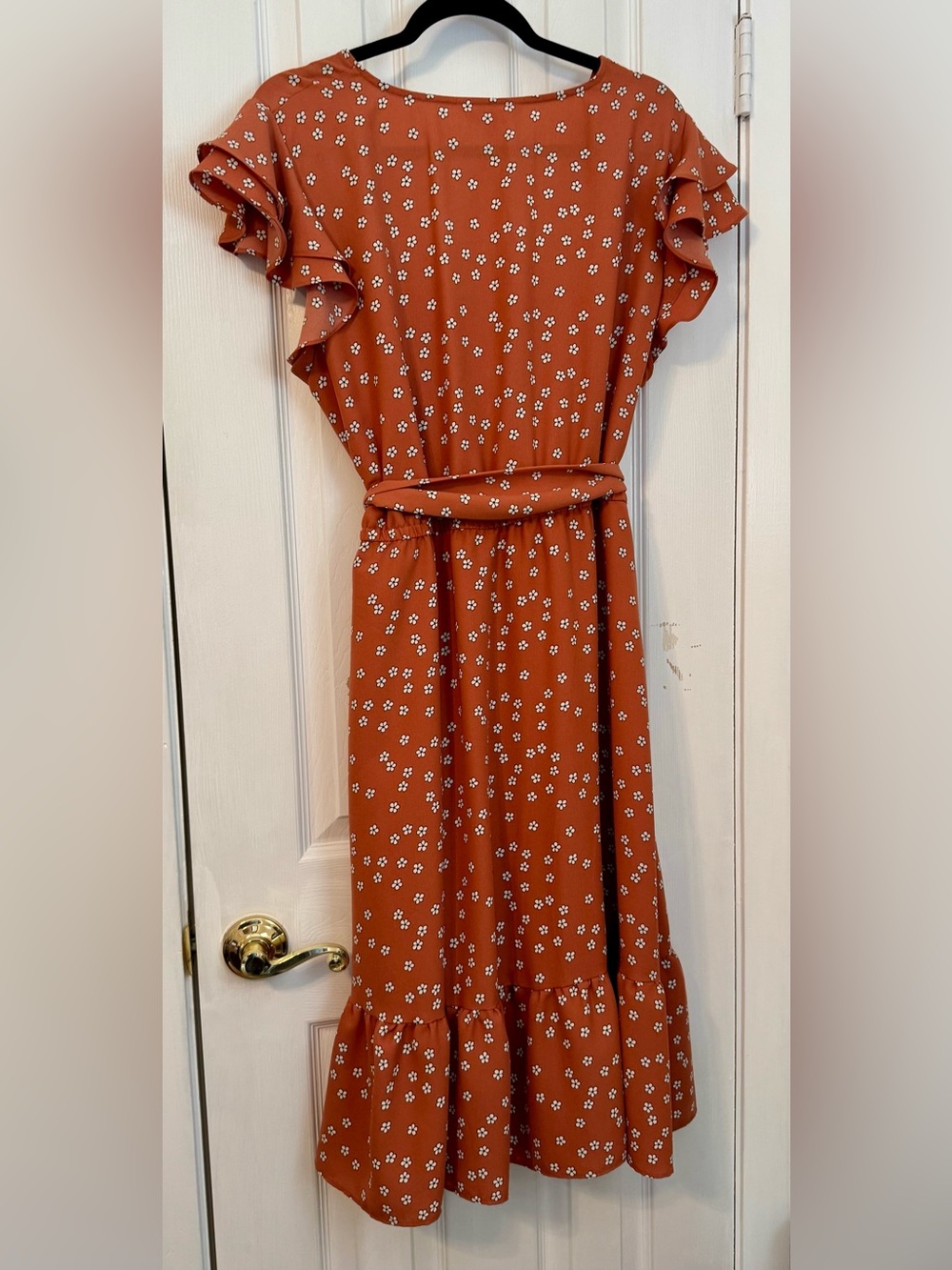 LC Lauren Conrad Rust Floral Midi Dress with Tie Belt - Picture 2 of 3